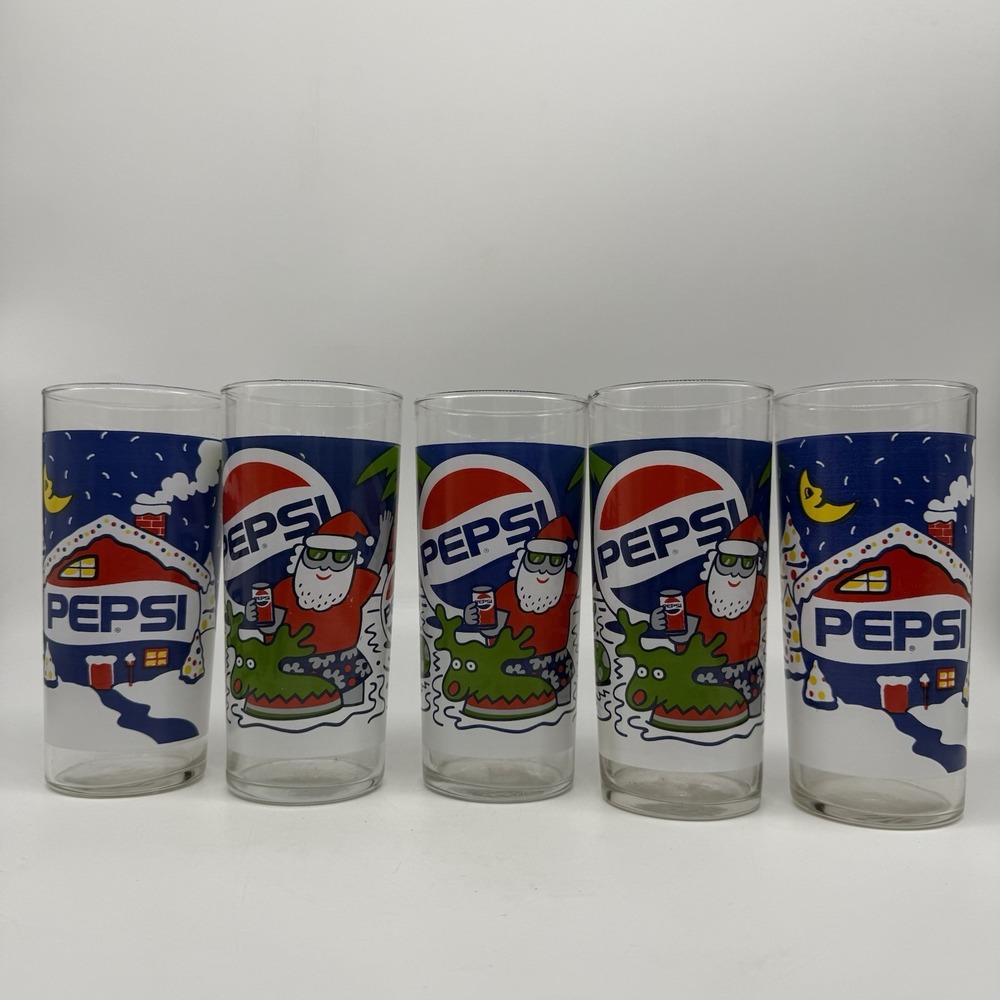 Pepsi Holiday Winter Santa Snow Themed Glass Tumblers Lot Of 5 Vintage‎